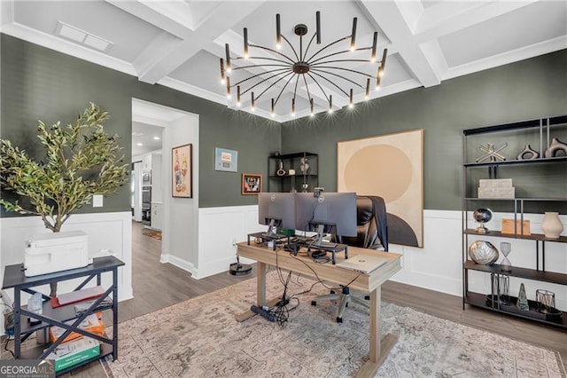5003 Fairview Cir, Villa Rica, GA 30180 - office space featuring wainscoting, beamed ceiling, wood finished floors, and coffered ceiling