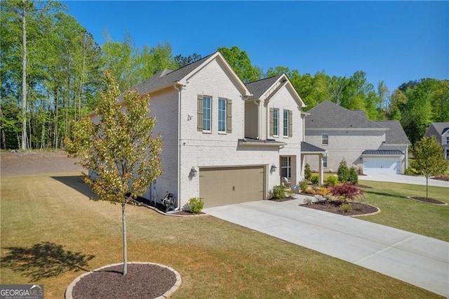 5003 Fairview Cir, Villa Rica, GA 30180 - traditional-style house with an attached garage, brick siding, a front yard, and concrete driveway