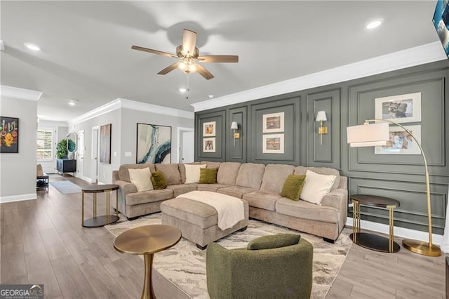 5003 Fairview Cir, Villa Rica, GA 30180 - living room with a ceiling fan, baseboards, ornamental molding, and wood finished floors