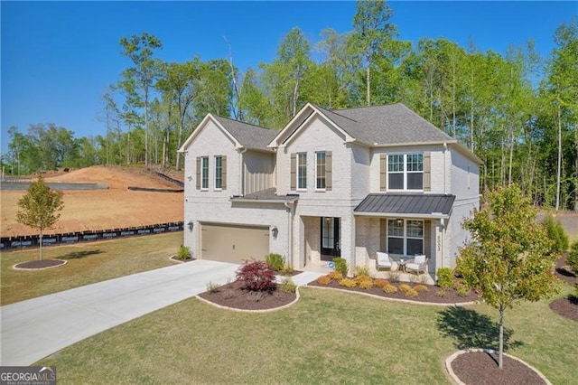 5003 Fairview Cir, Villa Rica, GA 30180 - traditional-style home with concrete driveway, a front lawn, covered porch, a garage, and brick siding