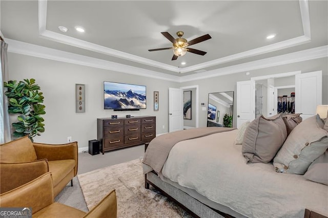 5003 Fairview Cir, Villa Rica, GA 30180 - carpeted bedroom featuring recessed lighting, a raised ceiling, crown molding, and a ceiling fan