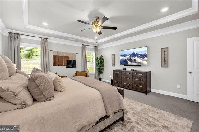 5003 Fairview Cir, Villa Rica, GA 30180 - carpeted bedroom with a ceiling fan, a tray ceiling, baseboards, ornamental molding, and recessed lighting