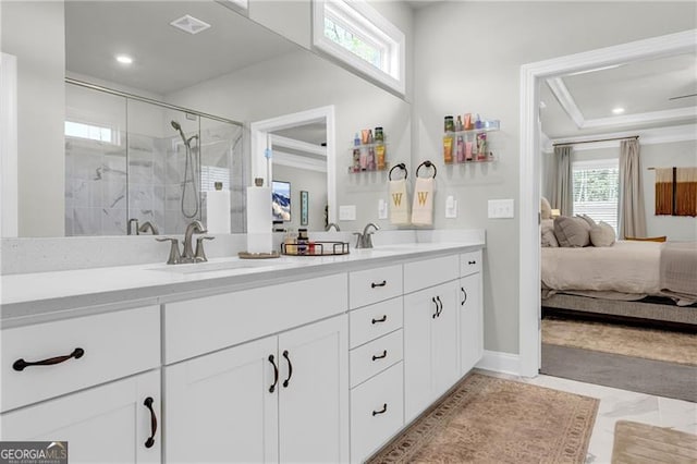 5003 Fairview Cir, Villa Rica, GA 30180 - ensuite bathroom featuring recessed lighting, double vanity, a stall shower, and a sink
