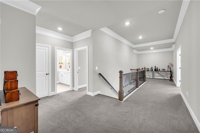 5003 Fairview Cir, Villa Rica, GA 30180 - hallway featuring crown molding, carpet flooring, baseboards, and an upstairs landing