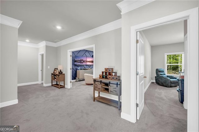 5003 Fairview Cir, Villa Rica, GA 30180 - hall with carpet floors, ornamental molding, and baseboards