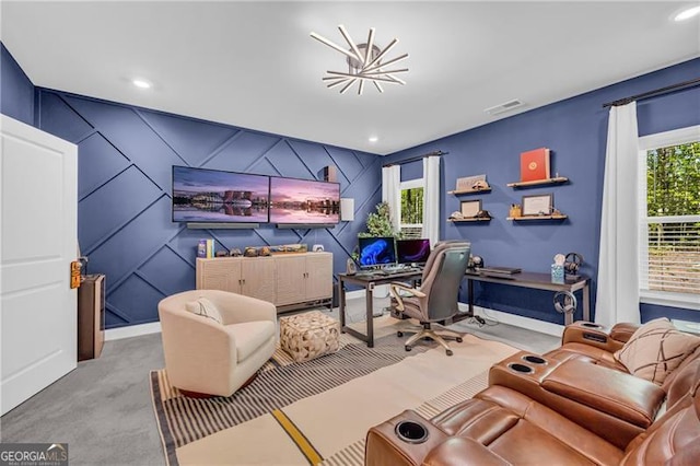 5003 Fairview Cir, Villa Rica, GA 30180 - office area featuring an accent wall, baseboards, carpet flooring, visible vents, and recessed lighting