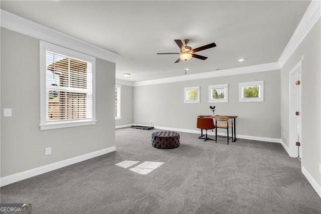 5003 Fairview Cir, Villa Rica, GA 30180 - living area featuring plenty of natural light, a ceiling fan, carpet floors, and crown molding