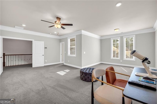 5003 Fairview Cir, Villa Rica, GA 30180 - living area featuring carpet flooring, ornamental molding, recessed lighting, and ceiling fan