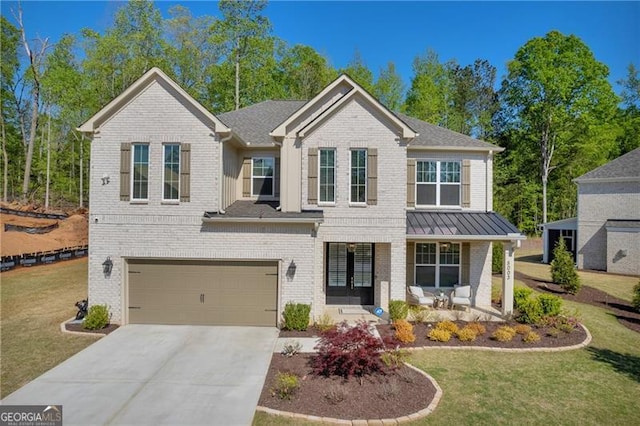 5003 Fairview Cir, Villa Rica, GA 30180 - view of front facade with brick siding, driveway, a porch, and a garage