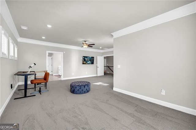 5003 Fairview Cir, Villa Rica, GA 30180 - carpeted living room featuring baseboards, ornamental molding, and recessed lighting