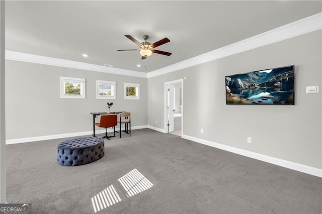 5003 Fairview Cir, Villa Rica, GA 30180 - sitting room with recessed lighting, carpet, crown molding, baseboards, and ceiling fan
