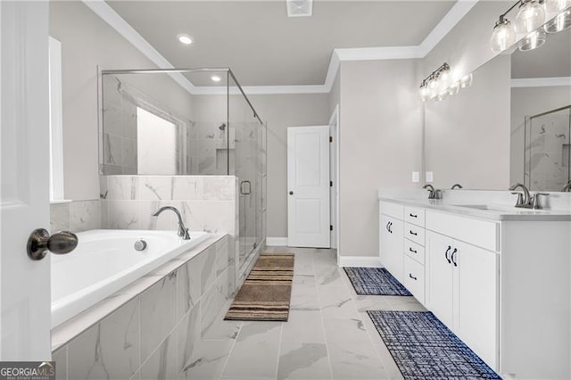5003 Fairview Cir, Villa Rica, GA 30180 - full bathroom featuring a shower stall, double vanity, ornamental molding, a sink, and a bath