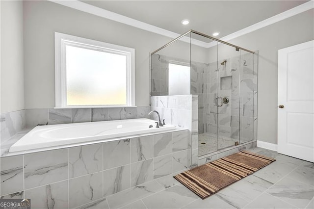 5003 Fairview Cir, Villa Rica, GA 30180 - full bath featuring recessed lighting, a bath, marble finish floor, and a stall shower