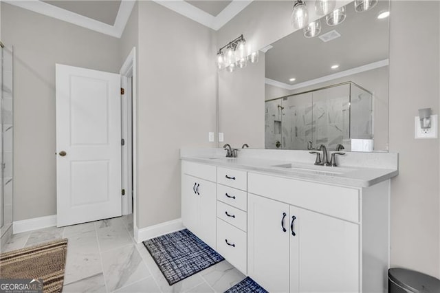 5003 Fairview Cir, Villa Rica, GA 30180 - full bathroom with marble finish floor, baseboards, crown molding, and a sink