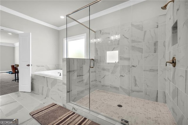 5003 Fairview Cir, Villa Rica, GA 30180 - bathroom featuring recessed lighting, marble finish floor, a bath, crown molding, and a stall shower