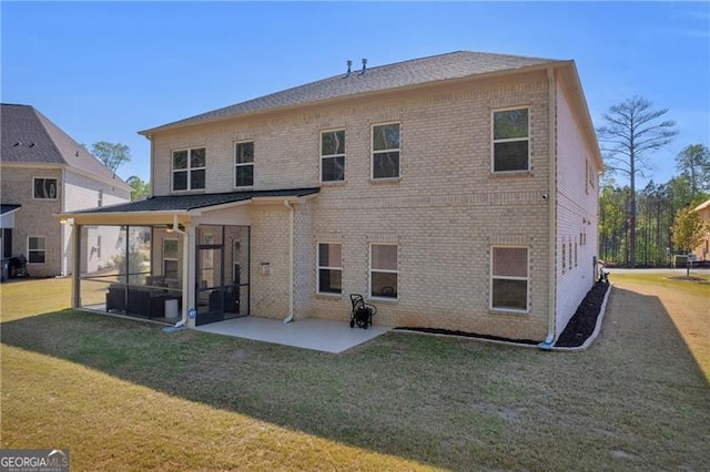 5003 Fairview Cir, Villa Rica, GA 30180 - rear view of property with brick siding, a patio, a yard, and a sunroom