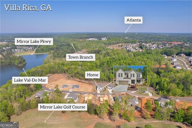 5003 Fairview Cir, Villa Rica, GA 30180 - bird's eye view with a water view and a wooded view