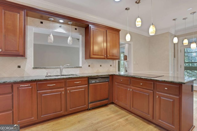 1020 Riverside Rd, Roswell, GA 30076 - kitchen featuring black electric stovetop, brown cabinetry, dishwasher, a sink, and a peninsula
