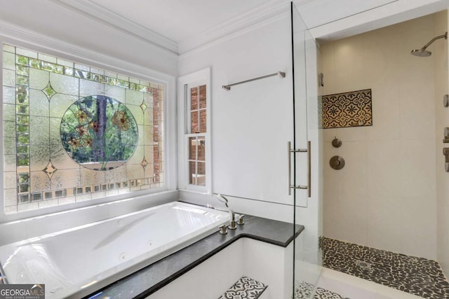 1020 Riverside Rd, Roswell, GA 30076 - bathroom featuring a tub with jets, a stall shower, and ornamental molding