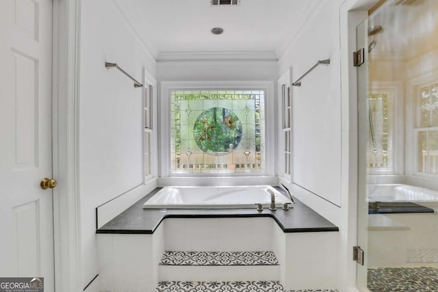 1020 Riverside Rd, Roswell, GA 30076 - bathroom with crown molding, visible vents, a shower stall, and plenty of natural light