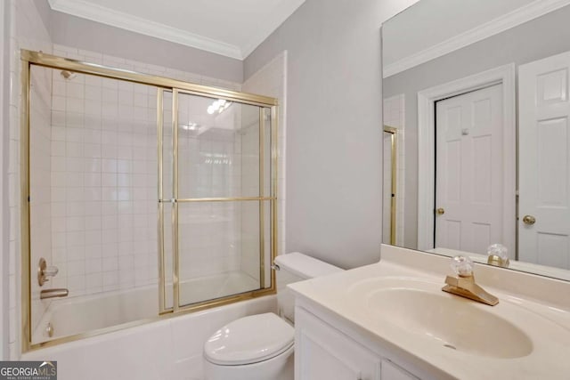 1020 Riverside Rd, Roswell, GA 30076 - bathroom featuring toilet, shower / bath combination with glass door, ornamental molding, and vanity
