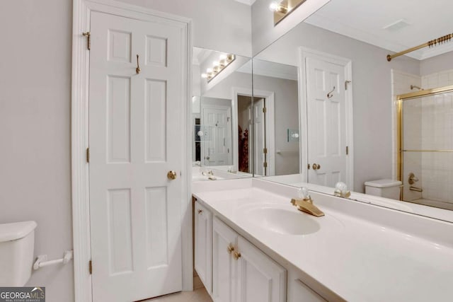 1020 Riverside Rd, Roswell, GA 30076 - full bath with a shower with door, ornamental molding, toilet, and vanity