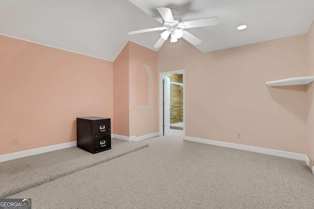 1020 Riverside Rd, Roswell, GA 30076 - unfurnished living room with a ceiling fan, lofted ceiling, carpet, and baseboards