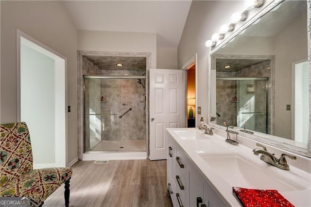 70 Denny Ridge Rd, Jasper, GA 30143 - bathroom featuring a shower stall, wood finished floors, a sink, and double vanity