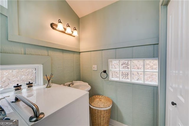 70 Denny Ridge Rd, Jasper, GA 30143 - bathroom with vaulted ceiling and tile walls
