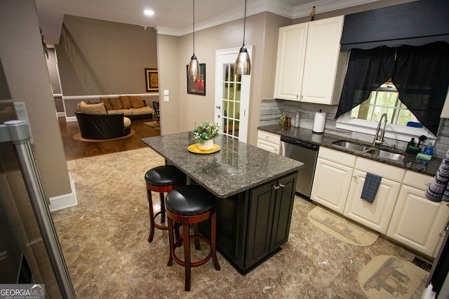 6147 Pritchett Dr, Powder Springs, GA 30127 - kitchen featuring stainless steel dishwasher, a sink, crown molding, open floor plan, and a center island