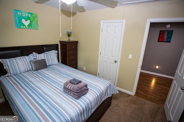 6147 Pritchett Dr, Powder Springs, GA 30127 - carpeted bedroom featuring attic access, baseboards, and a ceiling fan