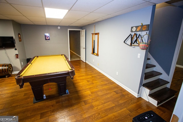 6147 Pritchett Dr, Powder Springs, GA 30127 - recreation room with wood finished floors, a drop ceiling, billiards table, and baseboards