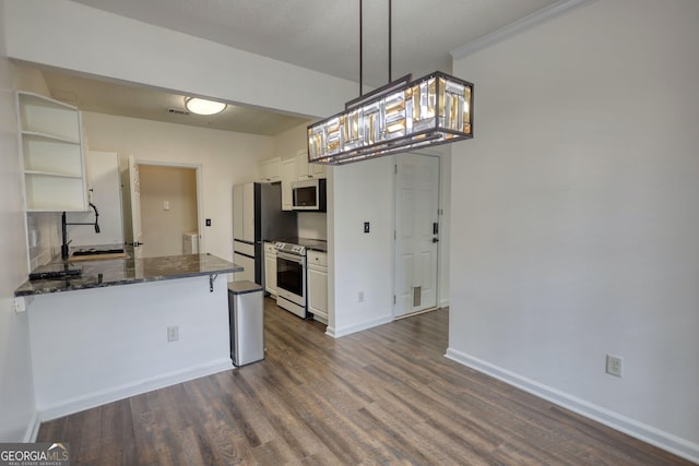 kitchen with open shelves, a sink, stainless steel appliances, white cabinets, and dark wood-style flooring