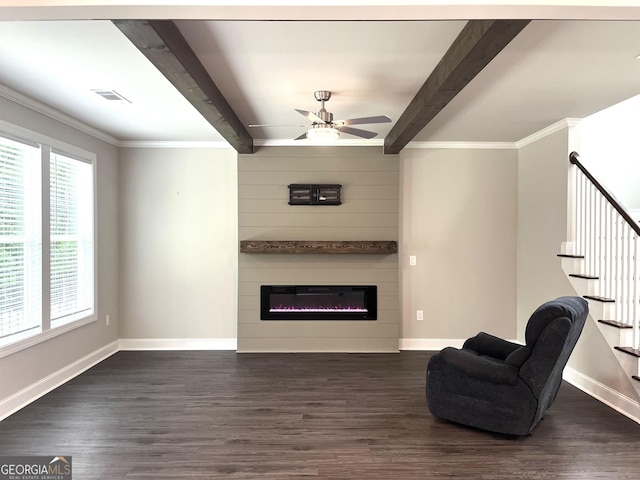 3 Highlander Trl SW, Rome, GA 30165 - living room with beamed ceiling, dark wood-style floors, a fireplace, ceiling fan, and baseboards