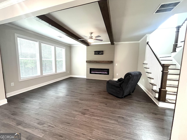 3 Highlander Trl SW, Rome, GA 30165 - unfurnished living room featuring beamed ceiling, ceiling fan, baseboards, dark wood-style flooring, and ornamental molding