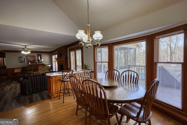 dining room with ceiling fan with notable chandelier, a healthy amount of sunlight, vaulted ceiling, and light wood-style floors