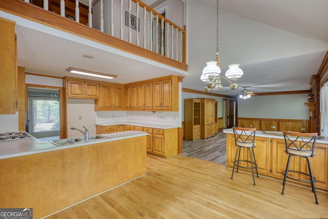 kitchen with a sink, light wood-type flooring, a peninsula, wainscoting, and ceiling fan with notable chandelier