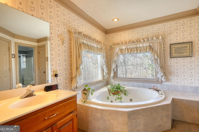 bathroom featuring a tub with jets, a stall shower, crown molding, and wallpapered walls