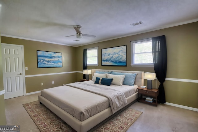 bedroom with light colored carpet, ornamental molding, ceiling fan, baseboards, and visible vents