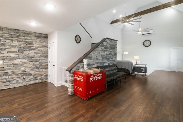 living room featuring high vaulted ceiling, wood finished floors, ceiling fan, baseboards, and beam ceiling