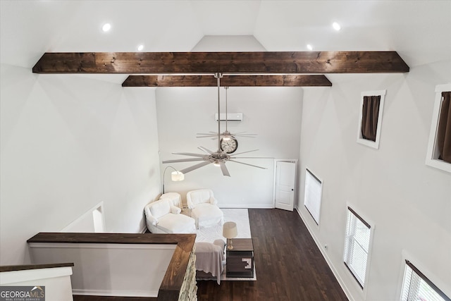 living area with a ceiling fan, vaulted ceiling with beams, dark wood-style floors, and recessed lighting