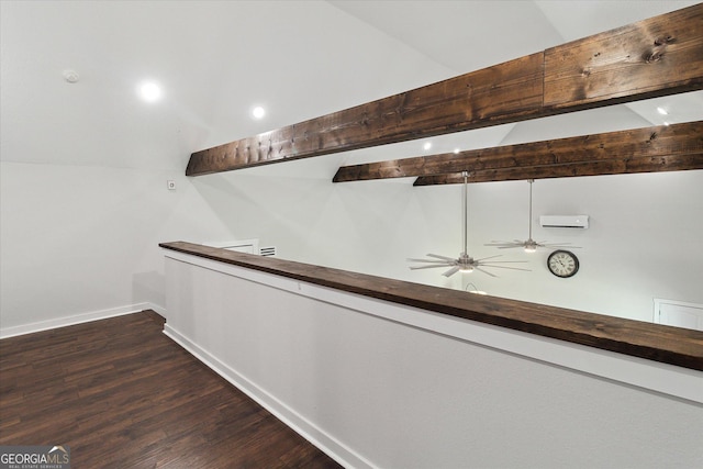 interior space featuring recessed lighting, wood finished floors, a ceiling fan, beam ceiling, and baseboards