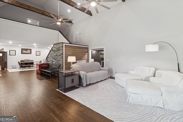 bedroom with hardwood / wood-style floors, high vaulted ceiling, recessed lighting, and beamed ceiling