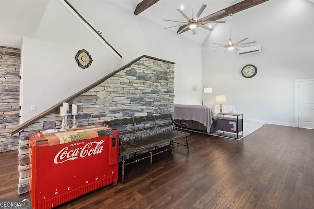 living room with hardwood / wood-style floors, a wall unit AC, beam ceiling, high vaulted ceiling, and ceiling fan