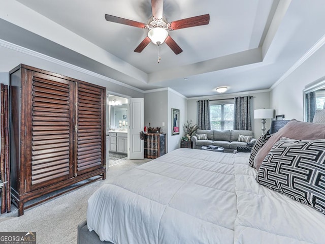 130 Maple Creek Way, Woodstock, GA 30188 - bedroom with connected bathroom, carpet, ceiling fan, and a tray ceiling