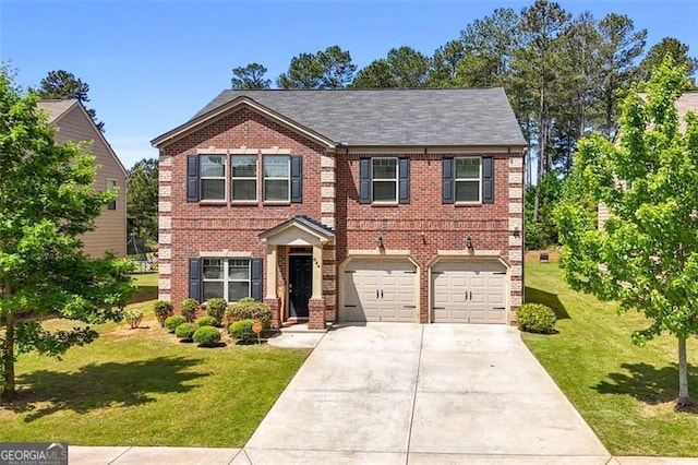 craftsman inspired home featuring a garage, a front lawn, brick siding, and concrete driveway