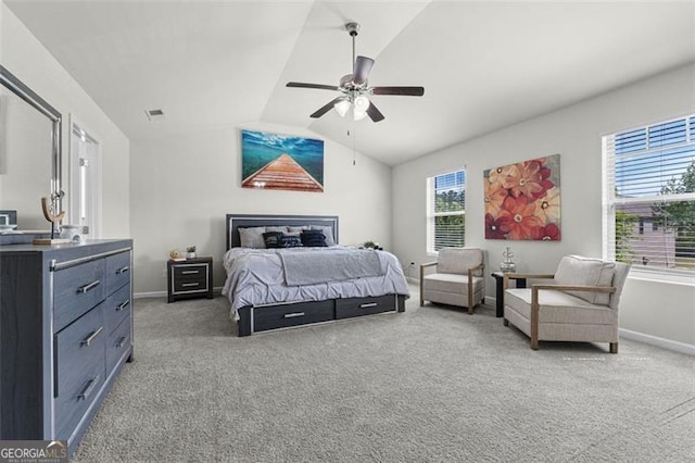 bedroom featuring vaulted ceiling, visible vents, a ceiling fan, baseboards, and light colored carpet