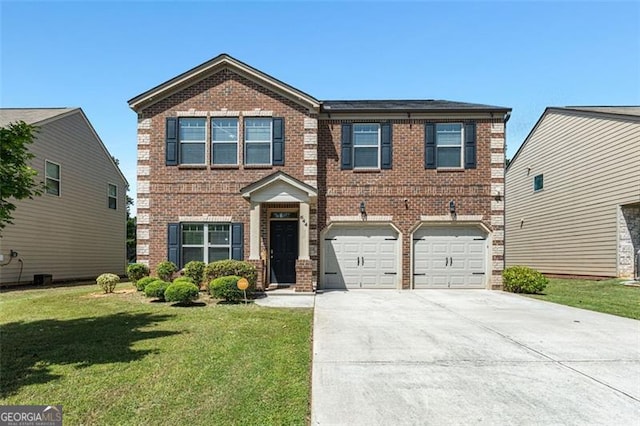view of front of house with a front lawn, brick siding, driveway, and an attached garage