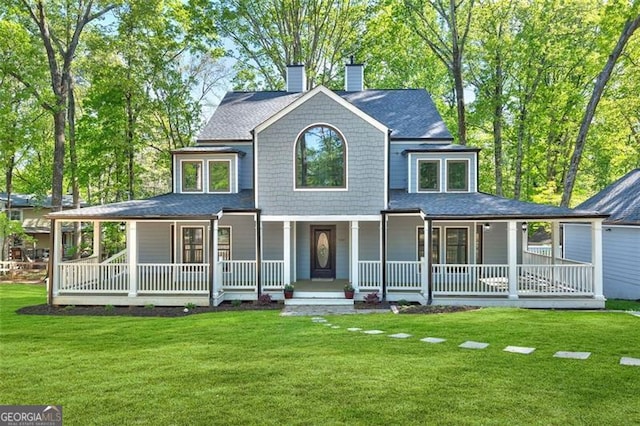 100 Little Ridge Rd, Berkeley Lake, GA 30096 - shingle-style home with covered porch, a chimney, a front yard, and roof with shingles