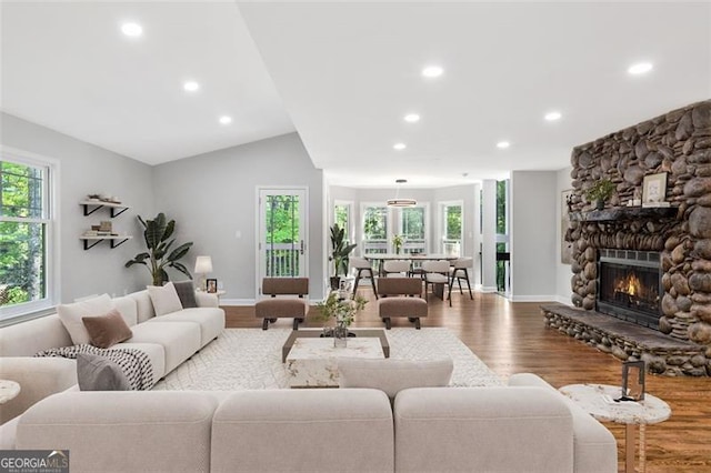 100 Little Ridge Rd, Berkeley Lake, GA 30096 - living room featuring wood finished floors, recessed lighting, a fireplace, and lofted ceiling